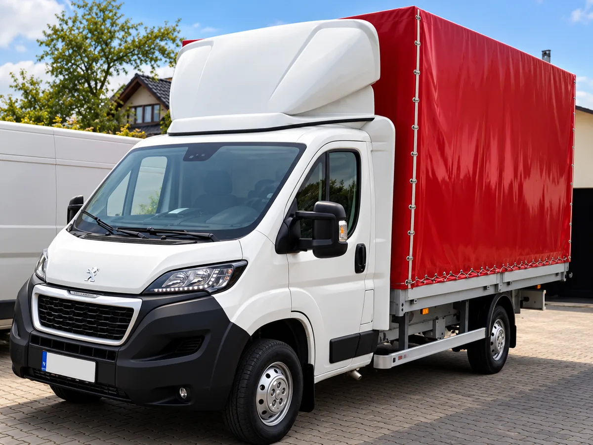 Biały Peugeot Boxer z czerwoną plandeką — samochód dostawczy GL Speed Trans